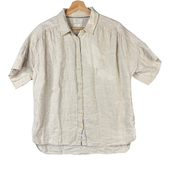 J.Crew Tops - J.Crew Relaxed Short-Sleeve 100% Linen Shirt Beige AY665 Women Size M Button Up